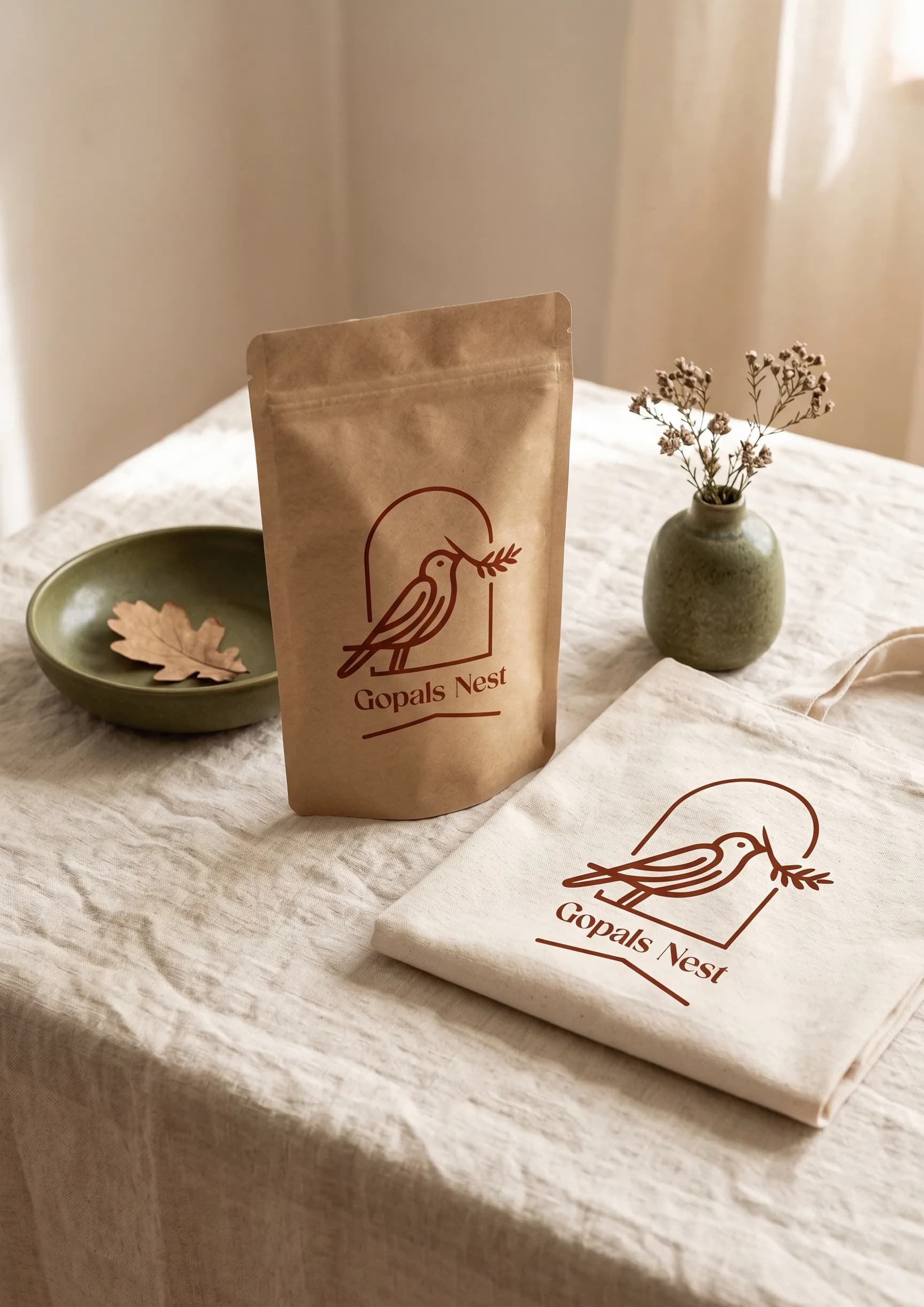 Gopal's Nest brand visual — warm terracotta identity on cream