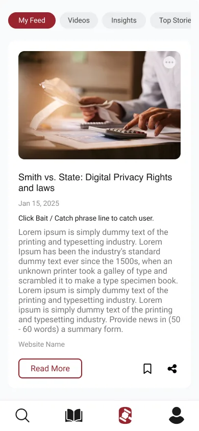 Legalo feed screen with legal news cards and bottom navigation