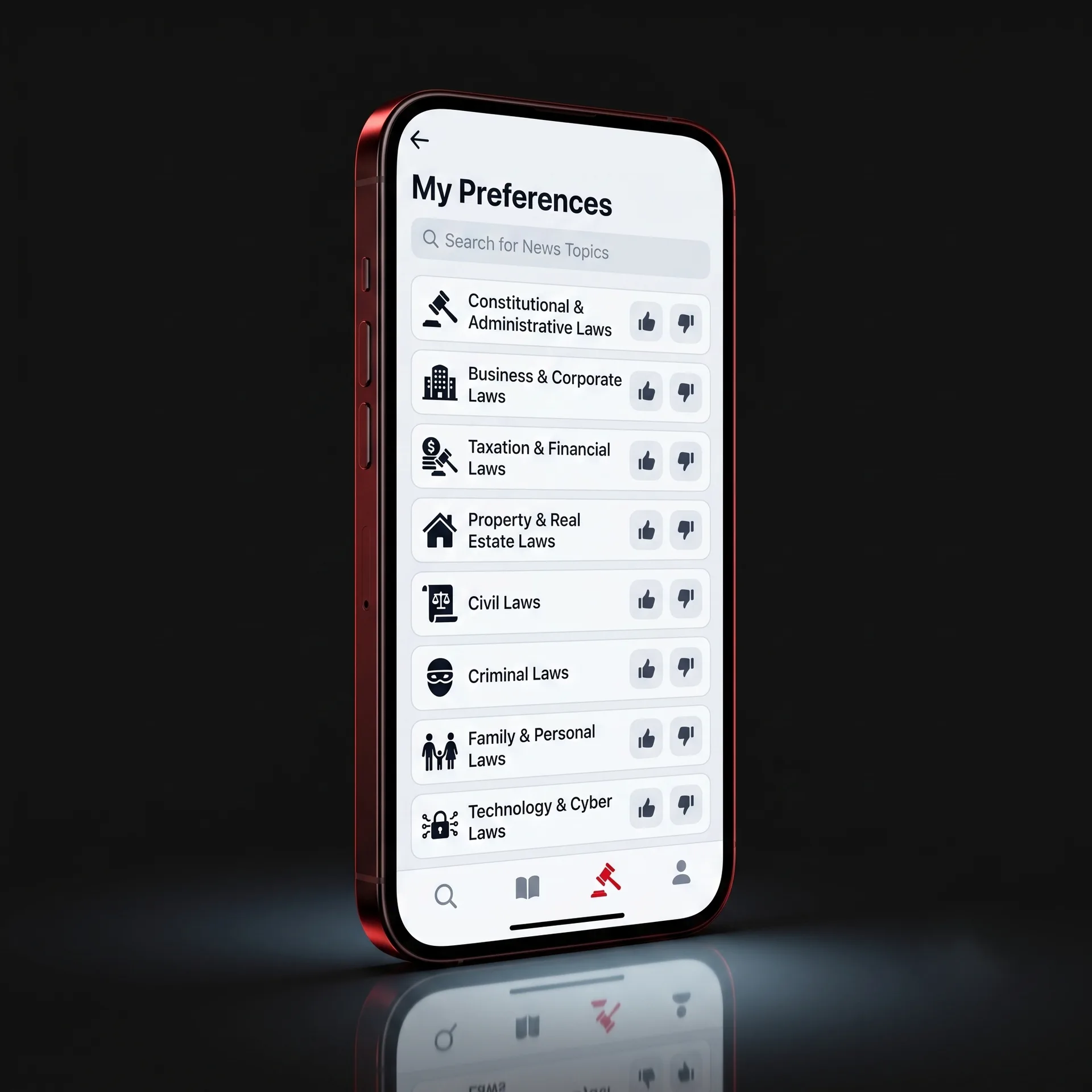 Legalo app phone mockup with case digest cards